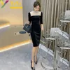 Casual Dresses Formal Black Velvet Bead Stitched Long Sleeve Pencil 2024 Autumn Fashion Elegant Slim BodyCon Party Dress