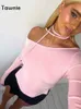 Tawnie Y2K Off Shoulder Long Sleeve Crop Top Women Autumn Sexy Slim Vintage Pink T Shirts Casual Outfits Streetwear Club 240125