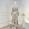 Casual Kleider 2024 Frühling Top Qualität Blumendruck Elegante Selbst Krawatte Wrap Rüschen Rüschen Midi Kleid Frauen