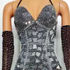 Scen Wear Sparkly Rhinestones Mirrors Leotard Gloves Women Sexig Performance Bodysuit Dance Costume Nightclub Singer Dancer Show