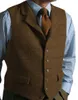 Gilets pour hommes Mens Tweed Costume Vest Robe formelle Check Gilet Herringbone Business Blazer avec 2 poches à rabat Slim Fit Costume Homme