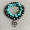 Link Armbanden Vrouwen Mannen Unisex Natuurlijke Turquoise Steen Armband Set Zwarte Kralen Cross Feather Zonnebloem Charm Bangle Manchet Sieraden