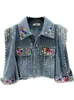 EWQ TASSEL RIVET Färgglad Diamond Denim Jacket Fashion Women Långärmad streetwear outwears jackor kappa sommar topp 240124