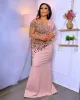 2024 Luxe Roze Zeemeermin Prom Dresses Sexy Jewel Hals Illusion Kristal Kralen Prom Jassen Lange Mouwen Sheer Avondjurk