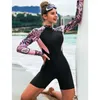 Kvinnors badkläder Kvinnor Rashguard Diving Wetsuit High Neck One Piece Rash Guard Short Sleeve Swimsuit Surf Suf Sunscreen Snorkeling