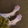 Sandals Women Square Toe Linen Pearl Woman 2024 Summer Purple Crystal Platform Women's Thick Bottom Non Slip Beach Shoes