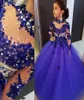 Royal Blue Ball Gown Girls Pageant Dresses High Neck Long Seces Lace Applicques Crystal Beads Kids Formal Prom Toddler First Comm7883584