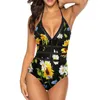 Costume da bagno da donna Costume da bagno giallo girasole Sexy Fiori bianchi blu Stampa Sling Costume intero carino Costume da bagno push up da surf