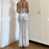 Casual Dresses Sheer Mesh Split Deep V Neck Sleeveless Maxi Bodycon High Waist Dress For Women Backless Floral Appliques Chic Holiday Gowns