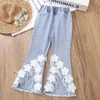 Flickor Set Spring and Autumn Childrens New Lace Long Sleeved Shirt and Pants Two Piece Set Youth Girls Jeans Set 3 5 8 10 13y 240218