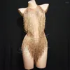 Sahne Giyim Kadınlar Kırmızı Tassel Seksi Parlak Rhinestone Bodysuit Parti Bar Kıyafetleri DJ Kadın Şarkıcı Performans Kostüm Dans Giysileri