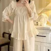 Kvinnors sömnkläder Korea Style Pyjama Set Cute Cotton Spring Autumn Ladies 2 PCS With Pants Lång ärm Pijamamamasdräkt för kvinnlig