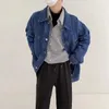 Masculino vintage cor azul escuro denim jaqueta solta roupas coreanas marca outerwear bonito meninos cowboy casacos S-2XL 240119