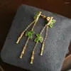 Dangle Earrings S925 Sterling Silver Gilding Bamboo Stud Inlaid Natural Jasper Long Ancient Style Flexible