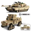 Blocks 2in1 WW2 Military M1A2 Abrams MBT Tank Model Army Cannon Chariot Set Soldier Figures DIY Building Blocks Toys for Boys Kids Gift