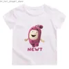 T-shirts OddBods Newt Pink Children Söt T-shirt 100% bomullsavstånd Summer O-Neck Tee-Shirt Kawaii Tecknad pojkar och flickor T-shirts Funny Q240218