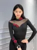 Stage Wear Ballroom Dance Tops Black Long Sleeves Flower Leotards Adult Performance Clothes Rumba Latin Practice DNV19107