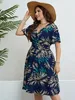 Plus Size Floral Print Wrapped V-Neck Women Dresses Short Ruffle Sleeves A-Line Bohemia Robe Casual Lady Vacation Clothing 240129