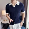Herrpolos sommarband jacquard kortärmad stickad polo skjorta män v-ringning kontrast färg smal fit casual business tee tops 3xl