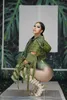 Stage Wear Spandex Leotard Jacket Nightclub Outfit Women Singer Dance Prom Bodysuit Set Sexy Green Military Uniform Costume