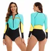 Mulheres Swimwear 2024 Sexy Cor Azul Verão Mulheres Rash Guard Swim Shirt One Piece Swimsuit Beach Wear Bodysuit Daving Terno de banho