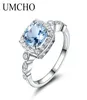 Umcho Real S925 Kadınlar İçin Gümüş Yüzükler Mavi Topaz Ring Taş Aquamarine Yastık Romantik Hediye Nişan Takı C09243132608