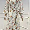 Casual Kleider 2024 Frühling Top Qualität Blumendruck Elegante Selbst Krawatte Wrap Rüschen Rüschen Midi Kleid Frauen