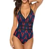 Costumi da bagno da donna Costume da bagno con stampa di aragoste Onde nautiche Costume intero push up da surf Monokini sexy con scollo a V Costumi da bagno grafici Abiti da spiaggia