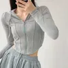 Kvinnors stickor 2024 Spring Hoodie Gray Sweaters Mujer Vintage Slim Fit Crop Top Cardigans Y2k Grunge Långärmning stickade toppar kvinnor