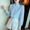 Women's Blouses Light Blue Lace Shirt Autumn Clothing Top 2024 High-End Long Sleeve Mesh Super Fairy Blouse Blusas