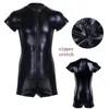 BODYSUIT LEATHER MENS FRONT ZIPPER ONEPIECT SWIMSuit thong Leotard med Seethrough Mesh Side For Night Club Party 240131