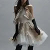 Casual Dresses Hakter Chiffon Mini Dress Ruffles White Women's Summer 2024 Layed Women Clothing Senaste mode Satin med dragkedja