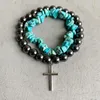 Link Armbanden Vrouwen Mannen Unisex Natuurlijke Turquoise Steen Armband Set Zwarte Kralen Cross Feather Zonnebloem Charm Bangle Manchet Sieraden