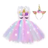 Girl Unicorn Dresses for Girls Tutu Princess Party with LED Lights Flower Birthday Cosplay Costume Clothing 240126