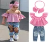 Summer Baby Girl Kids Clothes Set Pink Topripped Jeans Denim Pants Bows pannband 3 datorer Set Kids Designer Clothes Girls JY3454779010