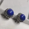 Studörhängen 1st/Lot Natural Lapis Lazuli Clip S925 Sterling Silver Round Hollow Carved grenar och lämnar klassiska retro fina taki