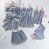 Heimkleidung 5 Stück Pyjama Set Women Kimono Kleid Satin Seiden Nachtwäsche lässige Nachtwäsche intime Dessous mit Spitze sexy Bathro264p