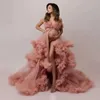 Seksi analık önlükleri photoshoot v boyun fırfırları bir çizgi süpürme treni tül hamile kadınlar annelik elbiseleri fotoğraf çekimi için