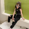 Summer fashion baby girl cotton sleeveless ultra-thin T-shirt top+drawstring torn pants set for children 2-piece set for 2-8 years 240218