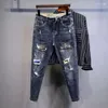 Men's Jeans Trousers Ripped With Holes Broken Man Cowboy Pants Torn Goth Graphic Rhinestones 2024 Korean Autumn Aesthetic