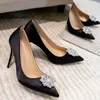 Robe chaussures noir satin tissu pompes talons hauts pour femme basique 2024 mode strass cristal diamant boucle fête mariée femmes