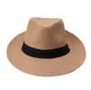 Moda letnie unisex plażowa trilby duża brzeg Jazz Sun Hat Panama Paper Słomka Kobiety Czapka z czarną wstążką 240130