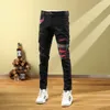 Jeans pour hommes Mode Streetwear Hommes Noir Couleur Élastique Slim Fit Ripped Patch Designer Hip Hop Denim Crayon Pantalon Hombre