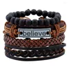 Charme pulseiras cigano hippie punk tibetano luz marrom escuro contas de madeira envoltório cordão de couro camadas empilhável pulseira conjunto para homem 4 pçs/set