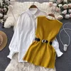 LKF Light Luxury Ladies Dress Set Womens Loose Long-Sleeved White Shirt Top Slitt Sticked Vest Two-Piece Set 240202