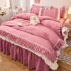 4 peças conjunto de cama de casal lençóis lençóis grandes capa edredon linho confortável cama travesseiro caixa luxuoso rosa 240218