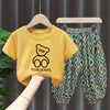 Baby Girls Clothes Set Summer Cartoon Bear T-shirts and Plaid Pants Suit Children Short Sleeve Top Bottom 2 Pieces Outfits 240218