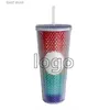 Tumblers Hot 710ML Stroh Tasse Doppelschicht Kunststoff Durian Tasse Kunststoff Kaffeetasse Brilliant Diamond Starry Sky Stroh Tasse Kreuz Grenze T240218