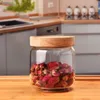 Wood Lid Glass Kitchen Storage Bottles Jars Airtight Canister Container Grains Coffee Beans Grains Candy Jar Boxes244b