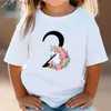T-Shirts Çocuklar Tişört Doğum Günü Numaraları 1-10 Gömlek Yaz Kızlar Doğum Günü Üstleri Beyaz Kısa Kollu Vahşi Tees Çocuk Parti Giysileri Q240218